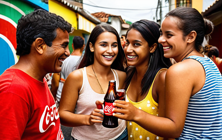 **
Prompt: "A heartwarming scene depicting a diverse group of friends sharing Coca-Cola at a lively Brazilian street festival, showcasing genuine smiles and a sense of shared happiness. Focus on vibrant colors, natural lighting, and capturing the essence of Brazilian culture. Emphasize the Coca-Cola bottle as a symbol of connection, not just a product."
**