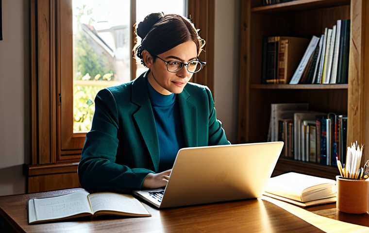 **
A professional writer, fully clothed in modest attire, sitting at a wooden desk in a sunlit home office, working on a laptop, surrounded by books and notes. Safe for work, appropriate content, perfect anatomy, natural proportions, professional setting, family-friendly.
**