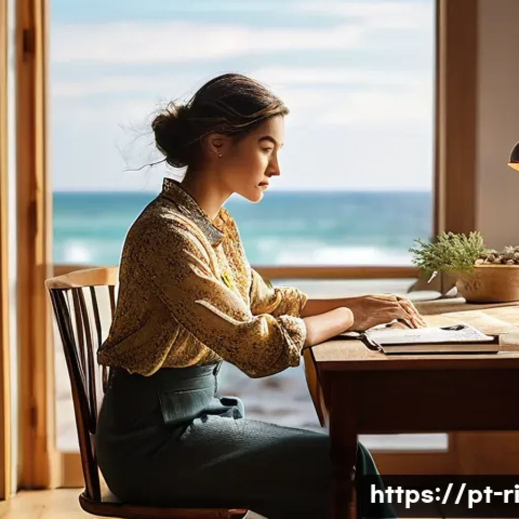 스토리텔링에서의 언어적 요소 - A creative woman, in her late 30s, is seated comfortably at a rustic wooden desk in a sunlit home of...