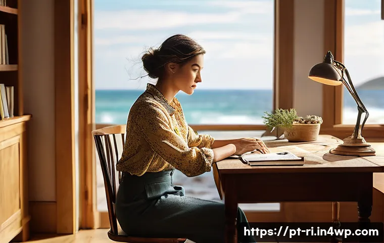 스토리텔링에서의 언어적 요소 - A creative woman, in her late 30s, is seated comfortably at a rustic wooden desk in a sunlit home of...