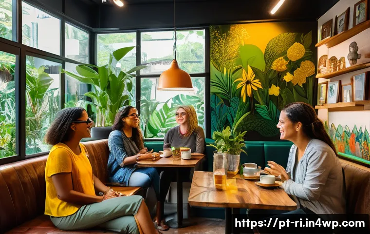 창의적인 스토리텔링 기법 - A warm and inviting scene of a diverse group of people sitting in a cozy, modern cafe in São Paulo, ...