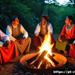 Home 18 스토리텔링의 문화적 배경 - A vibrant and detailed scene of a diverse group of Latin American storytellers gathered around a cam...