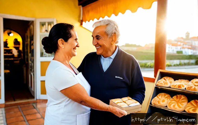 Home 17 스토리텔링을 통한 브랜드 충성도 높이기 - Photorealistic cozy Portuguese neighborhood bakery at golden morning light, an elderly baker warmly ...